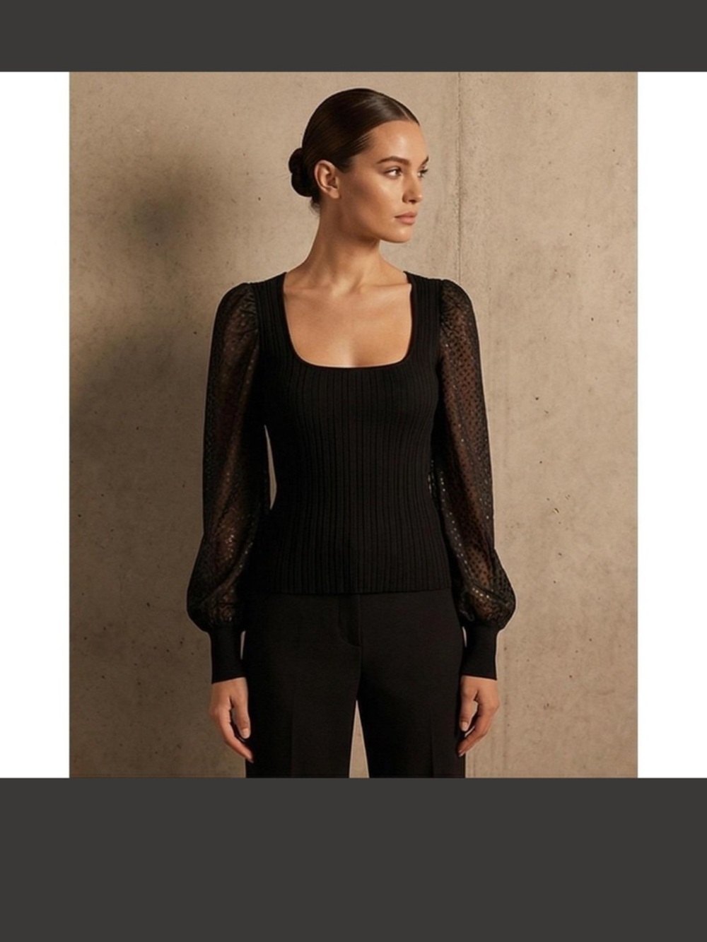 Anthropologie black top dot puff sheer sleeve square neck ribbed princess